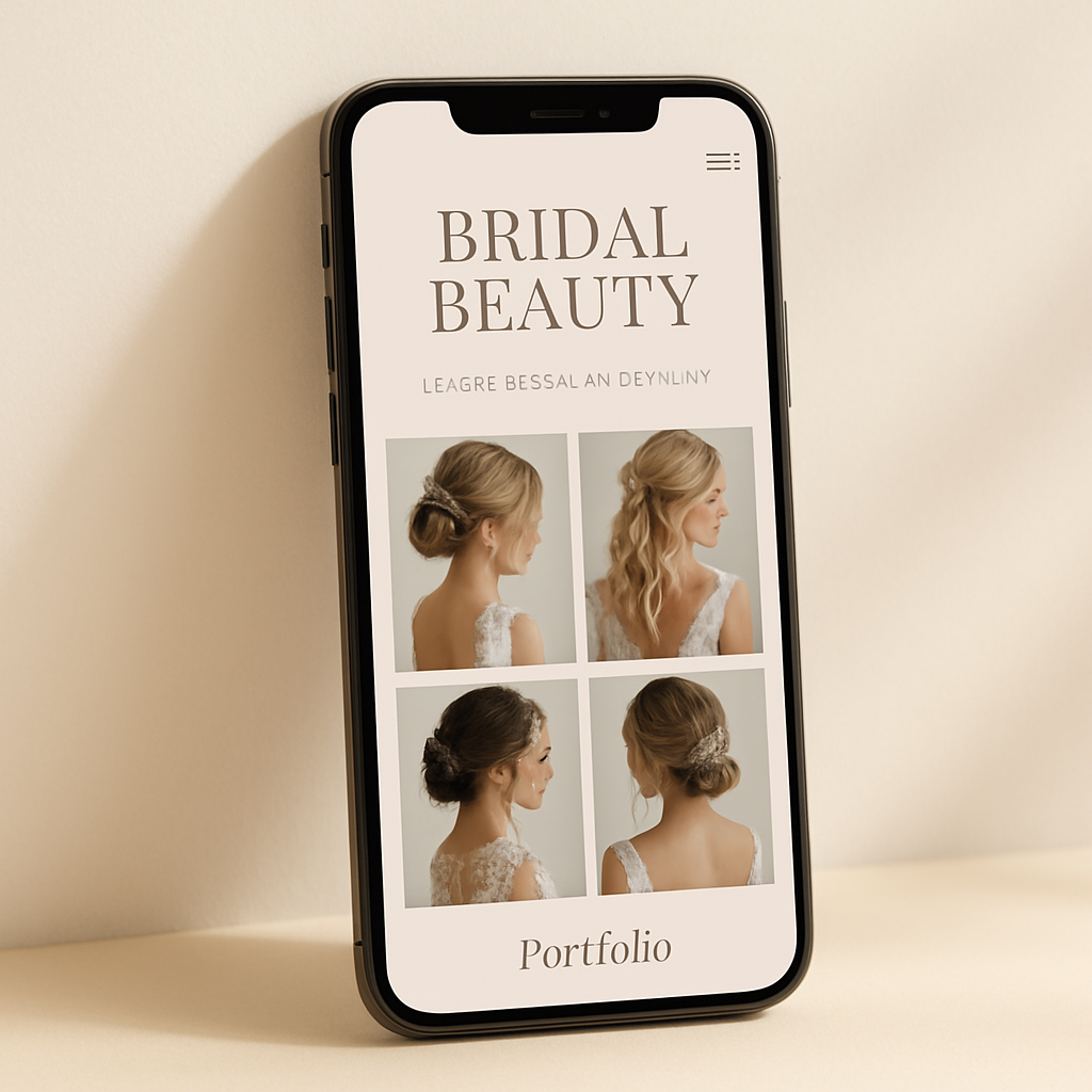 The same bridal portfolio website shown on a mobile phone